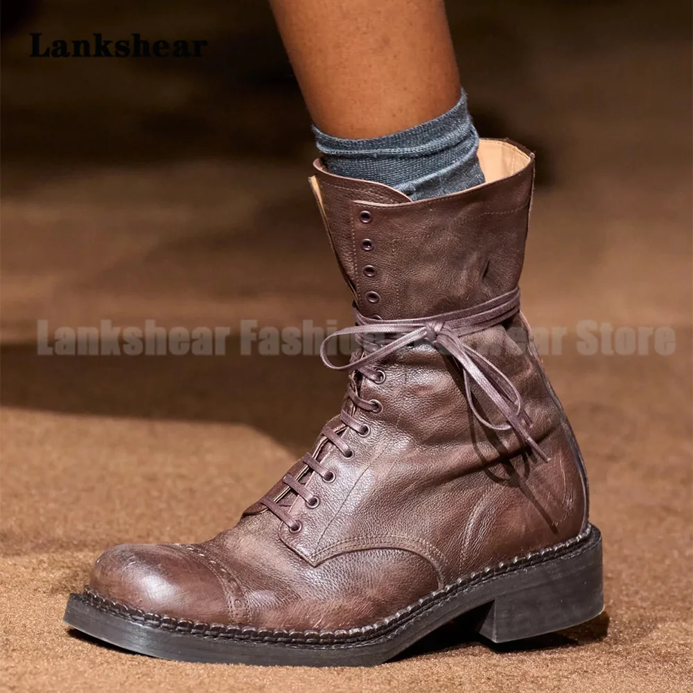 

Retro Round Toe Women's Boots Black/brown Lace-Up Booties Designer Style Cowhide Motorcycle Boots Women's Shoes Botas Mujer