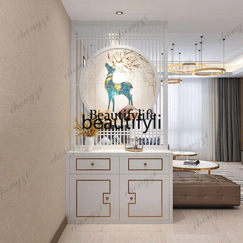 03  Light luxury American wood grille screen partition living room entrance decoration shoe cabinet rack seat screen