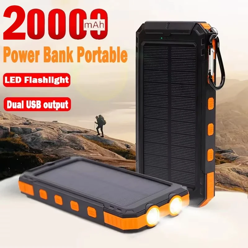 20000mAh Solar Power Bank Outdoor Camping Portable Fast Charger Power Bank Waterproof External Battery Charging with LED Light