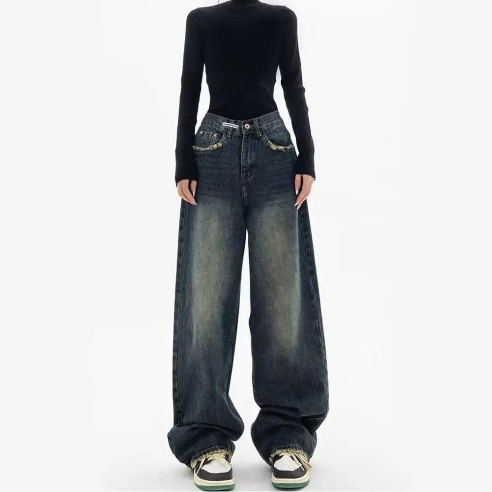 Women Denim Pants Vintage High Waist Wide Leg Denim Jeans with Deep Crotch Pockets Women's Floor Length Loose Pants for Hip Hop