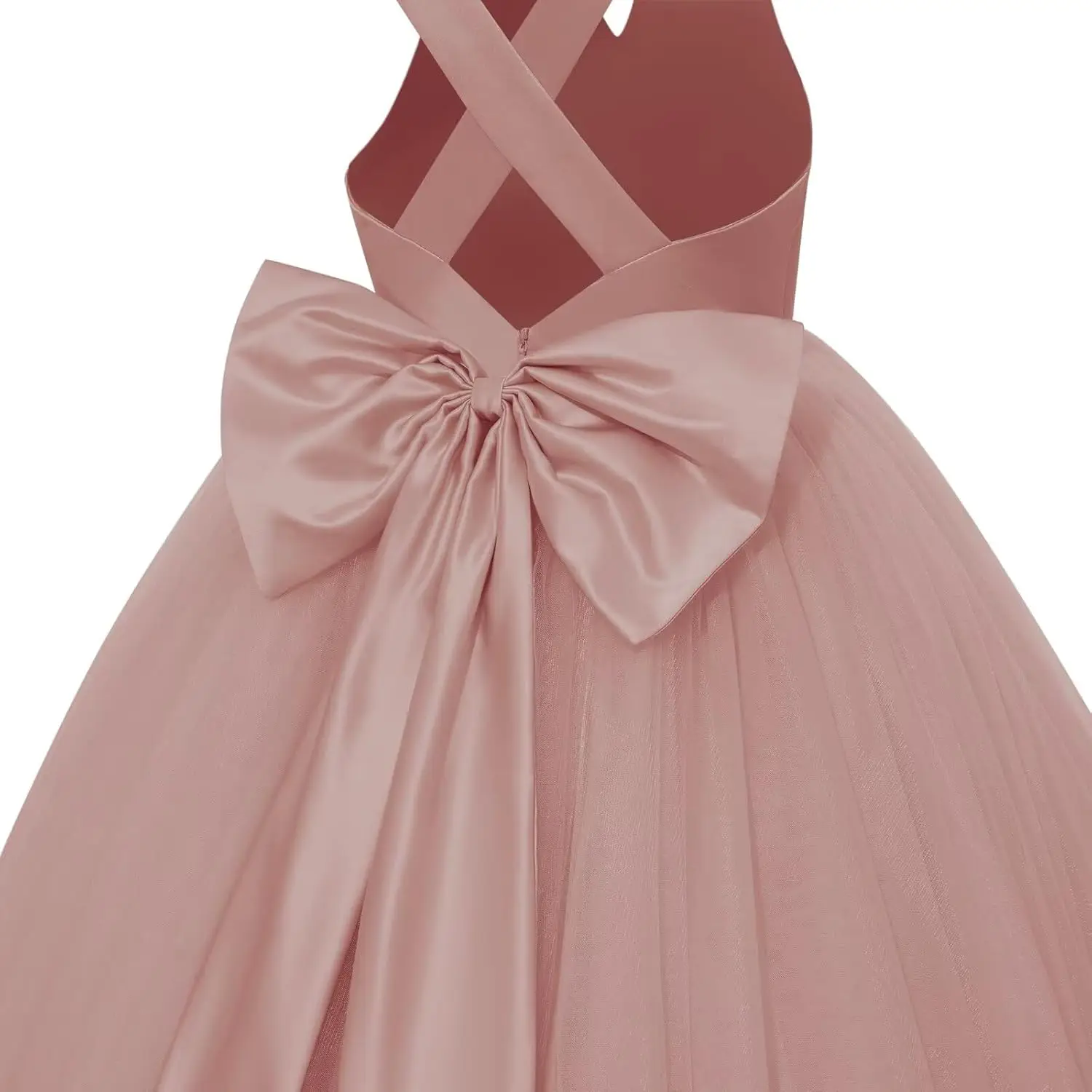 Blumenmädchenkleid mit gekreuzten Schulterträgern und großer Schleife auf der Rückseite, Party-Tanzkleid aus Satin-Chiffon für Mädchen, formelle Kleidung
