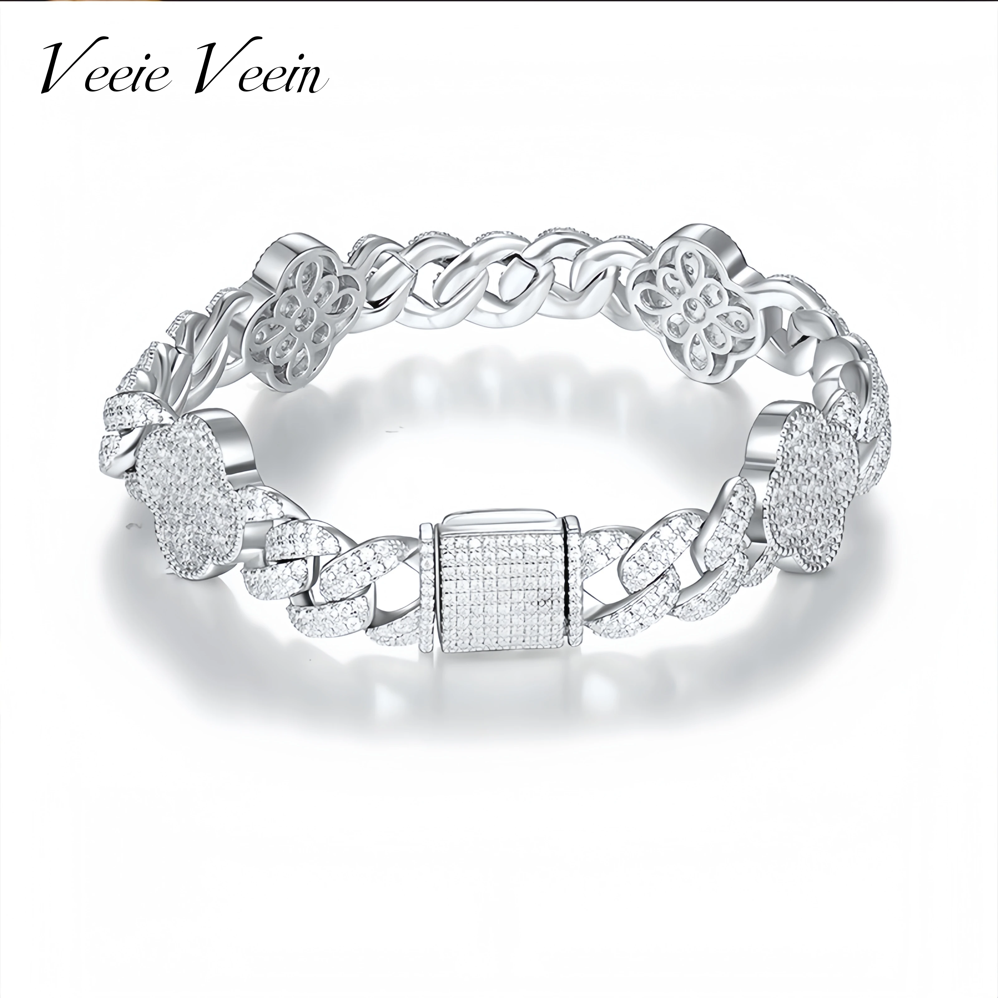 

Veeie Veein Luxury Brand 925 Silver Set With Moissanite 8mm Double Row Cuban With Four Leaf Clover Hip Hop Men S Bracelet
