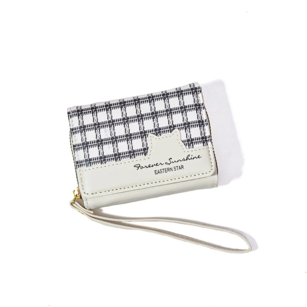 Waterproof Cute Cat Wallet Large Capacity Korean Style Hanging Wrist Bag Solid Color Multiple Card Slots Plaid Coin Pouch