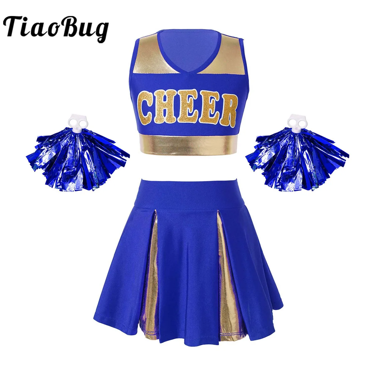 Kids Girls Cheerleading Dance Costumes Shiny Letter Print Patchwork Style Dance Dress Cheerleading Flower Set Dress Up Clothes