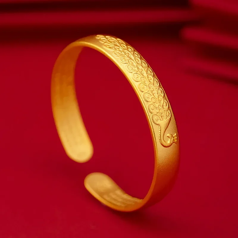 Pulseira Real 24K Ouro Amarelo para Mulheres, Pulseira Pavão Sutra Coração, 9999 Ouro Real