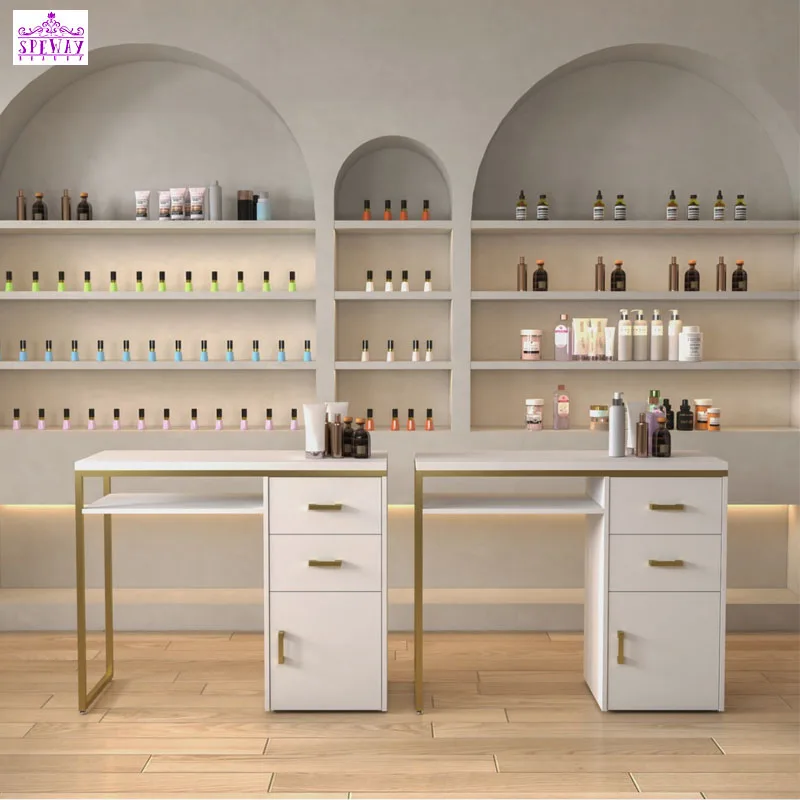 Professional White and Gold Modern Beauty Salon  Manicure Table with Drawers