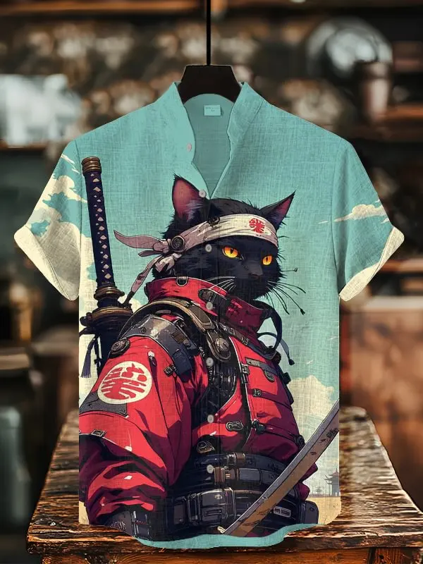 

2025 Popular Men's Katana Samurai Cat Print Casual Shirts 3D Vacation Style Hawaiian Beach Tops Summer Women Short Sleeve Blouse