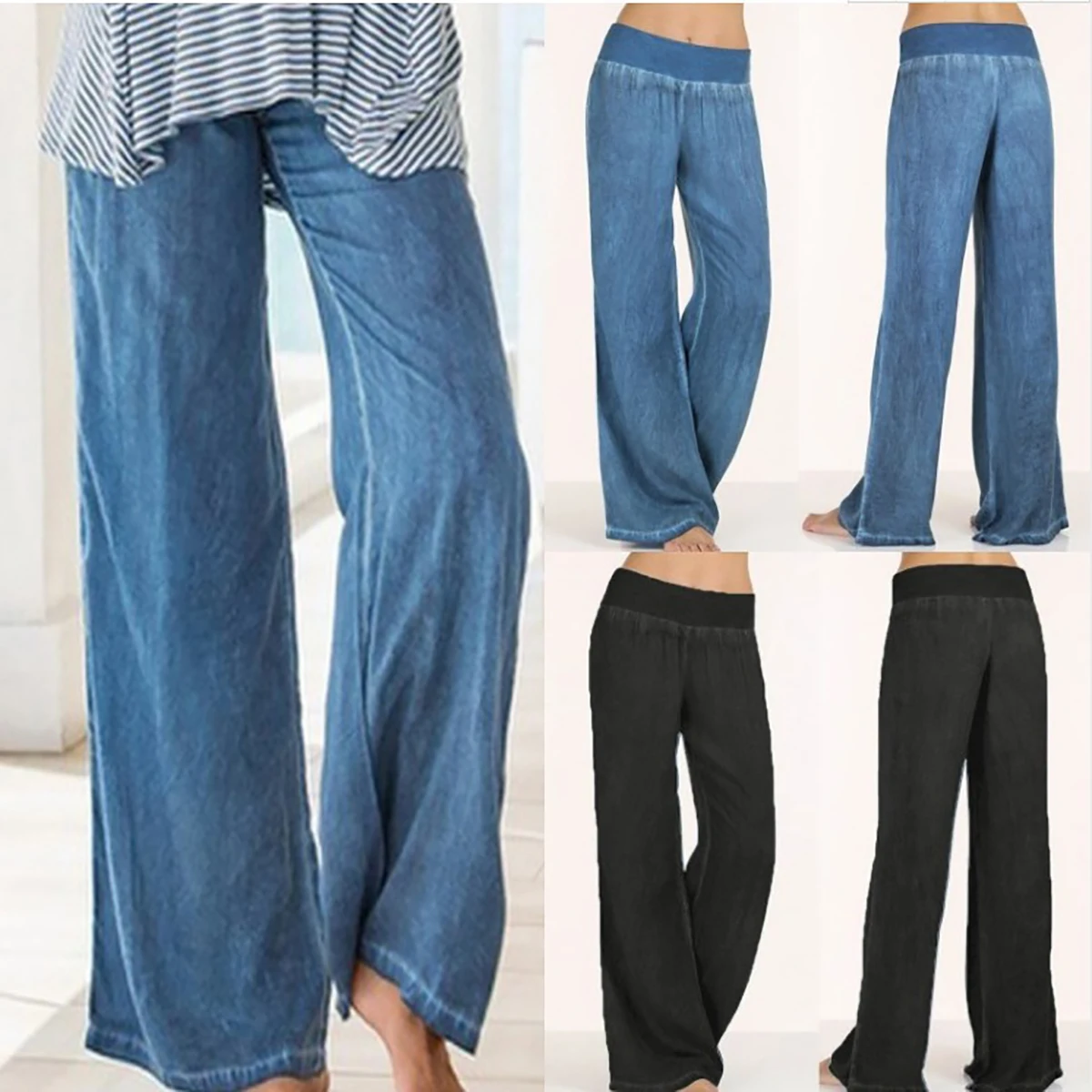 

Women Denim Wide Leg Pants Elastic High Waist Trousers Casual Loose Jeans Pants Female Vintage Streetwear Womens Clothing