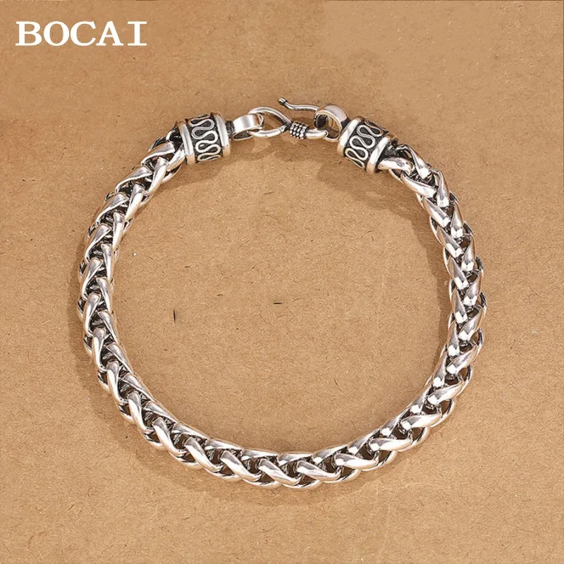 BOCAI NEW 100% Solid S925 Pure Silver Bracelet For Men Retro Fashion Jewelry Men\'s Silver Bracelet