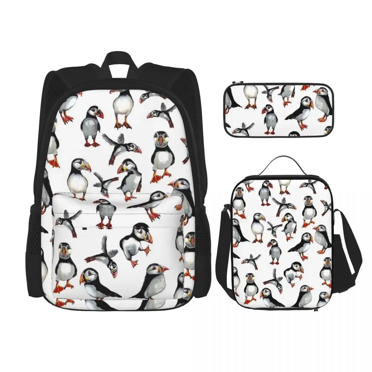 Puffins Pattern Backpacks Boys Girls Bookbag Students School Bags Cartoon Kids Rucksack Lunch Bag Pen Bag Three-Piece Set