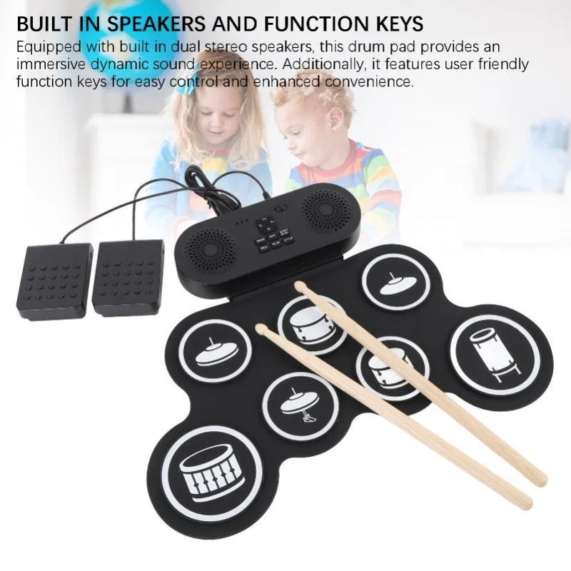 لوحة تدريب الطبل الإلكترونية مع مفاتيح وظيفة مكبرات الصوت المزدوجة 1200 مللي أمبير في الساعة قابلة لإعادة الشحن وقابلة للطي وقابلة للطي