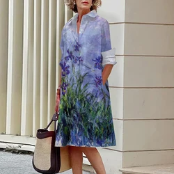 2023 New Shirt Dress Women's Long Sleeve Printed Office Dress Sexy Bohemian Style Pocket Lapel Button Loose Elegant Dress