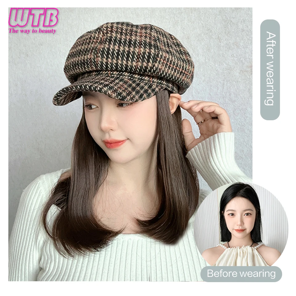 Synthetic Hat Wig Medium Long Hair boinas Berets wig caps for women Octagonal Hat wig Extensions Hair Accessories