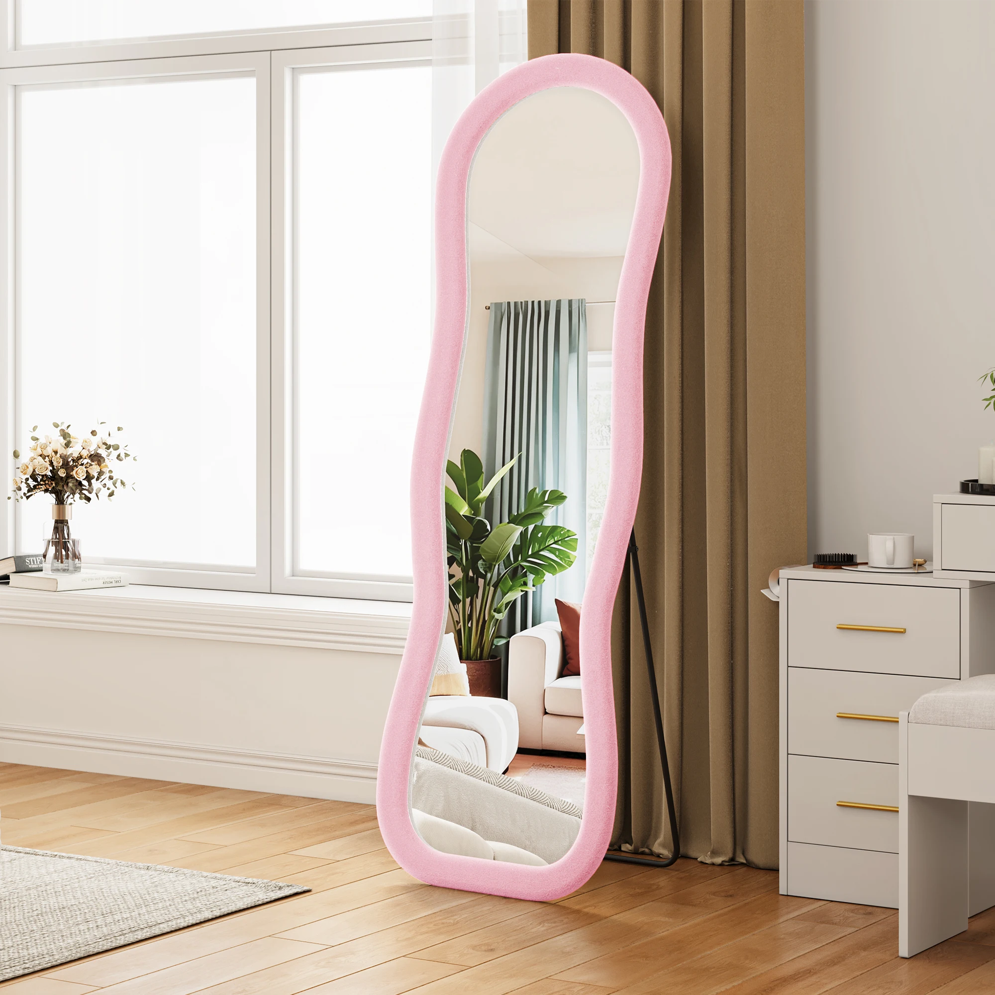 Specchio a figura intera Superaly, stile romantico francese, dimensioni 160×50 cm, specchio ondulato, specchio da parete, con cornice in flanella e supporto, specchio da terra, specchio autoportante,