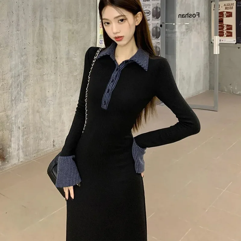 

2026 Fall Winter Spring Women's Color Block Polo Dress - Long Sleeve Ribbed Knit Midi Dress | Retro Elegant High Waist A-Line