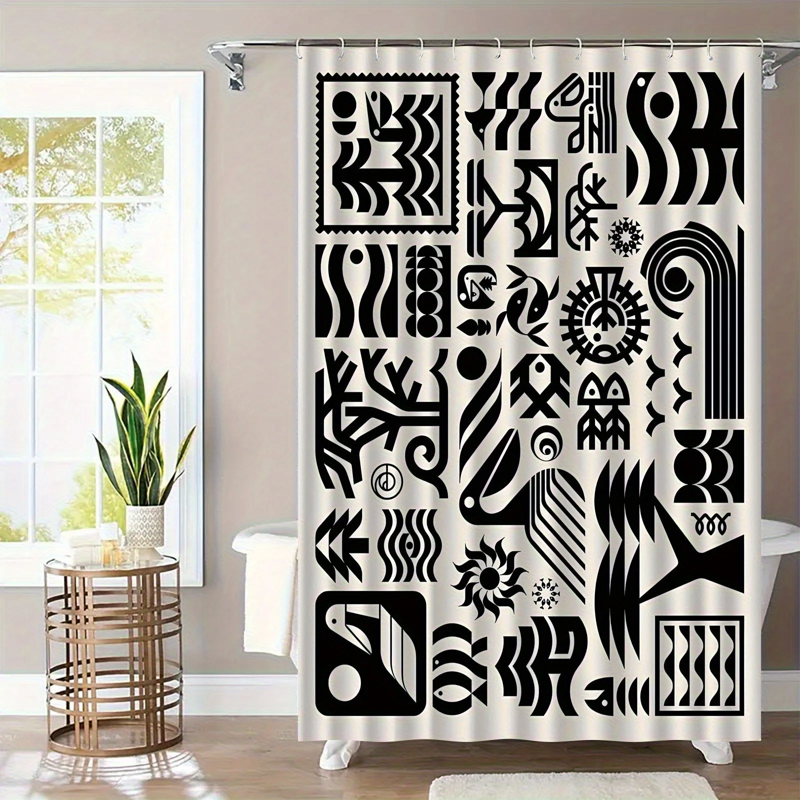 

Single Modern Black Shower Curtain - Elegant Bathroom Window Treatment with Abstract Patterns, Includes 12 Hooks, Quick-Dry