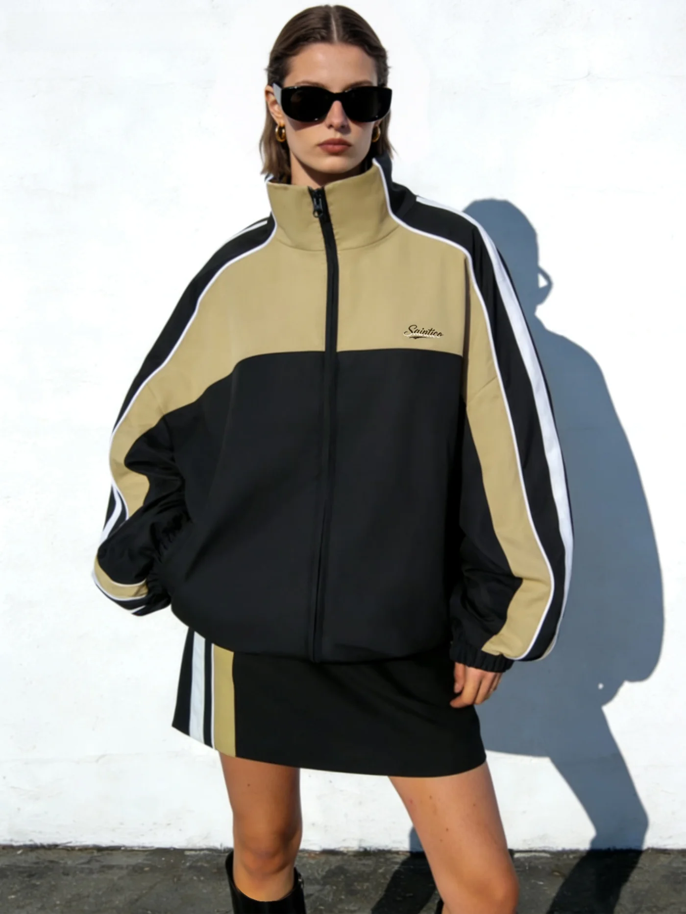 

Спортивный женский костюм Saintico Color Block: куртка с воротником на молнии и брюки в уличном стиле, повседневный комплект, весна 2026, новинка