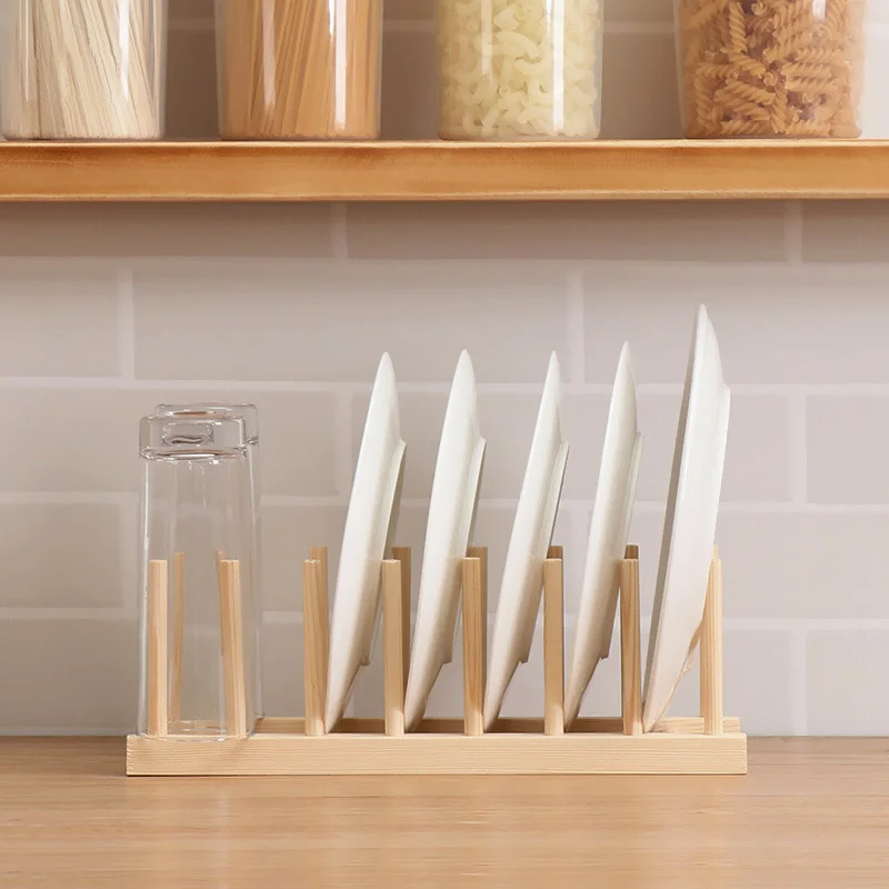 Teller-Aufbewahrungsregal, multifunktionales Geschirrregal aus Holz für Tassen, Töpfe, Topfdeckel, Abflusshalter, Küchen-Organizer, Regal, Aufbewahrungsbehälter – Detail 4
