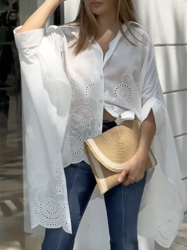 

Tinaa Autumn White Tops Women's 2024 New Fashion Hollow Out Lapel Blouses Loose High-Low Casual Going Out Shirts Tops