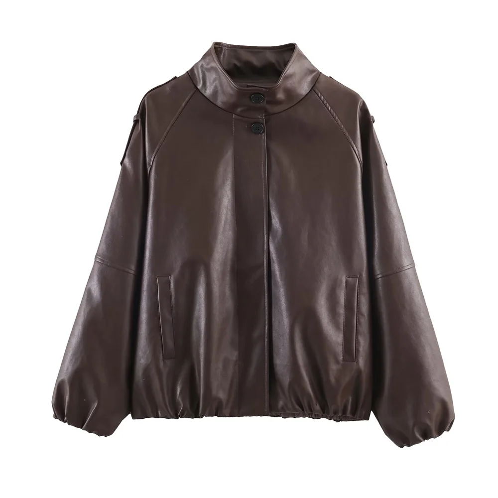 

2025 Winter New Product: Women's Casual Shoulder Strap, Long Sleeve Imitation Leather Stand up Collar Jacket, Short Coat
