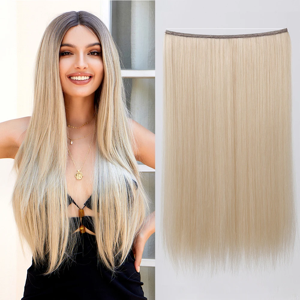 

Platinum Blonde Long Straight Hairpiece Extensions Synthetic Invisible No Clip Hair Extension for Women One Piece Fake Hair