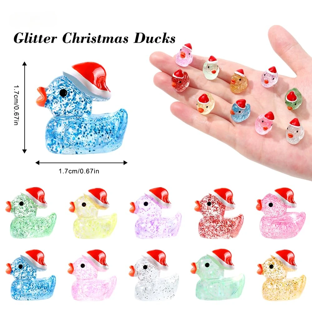 100pcs Christmas Mini Glitter Ducks Colorful Tiny Small Little Resin Ducks to Hide Plastic  Duck for Xmas Goodie Bag Fillers