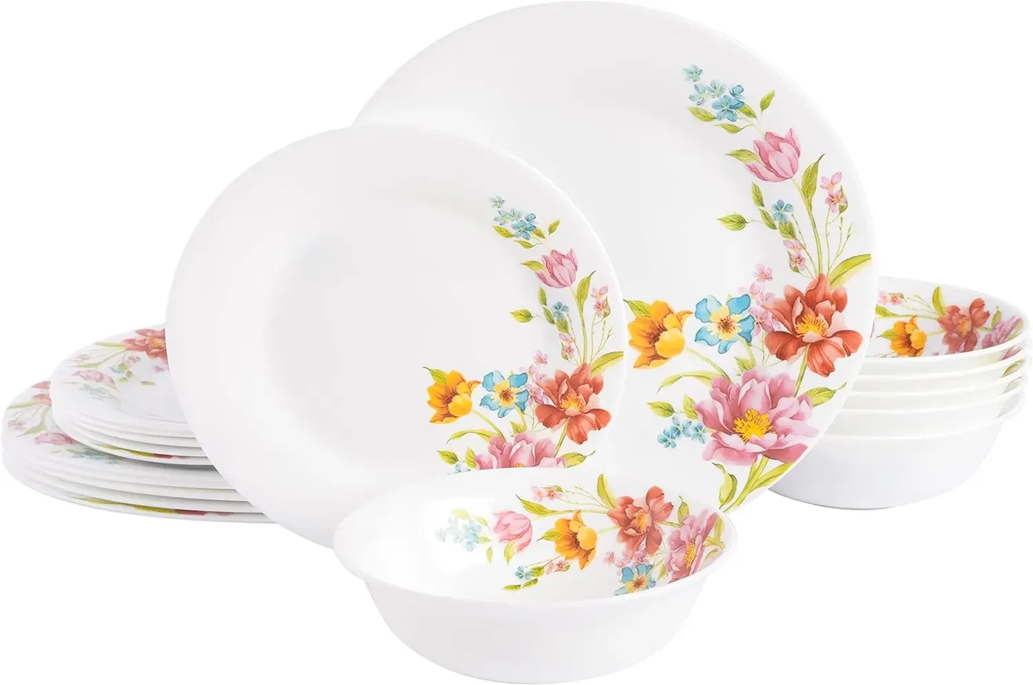 Home Ultra Break and Chip Resistant Dinnerware Set, Round: Service for 6 (18pcs), Red Floral