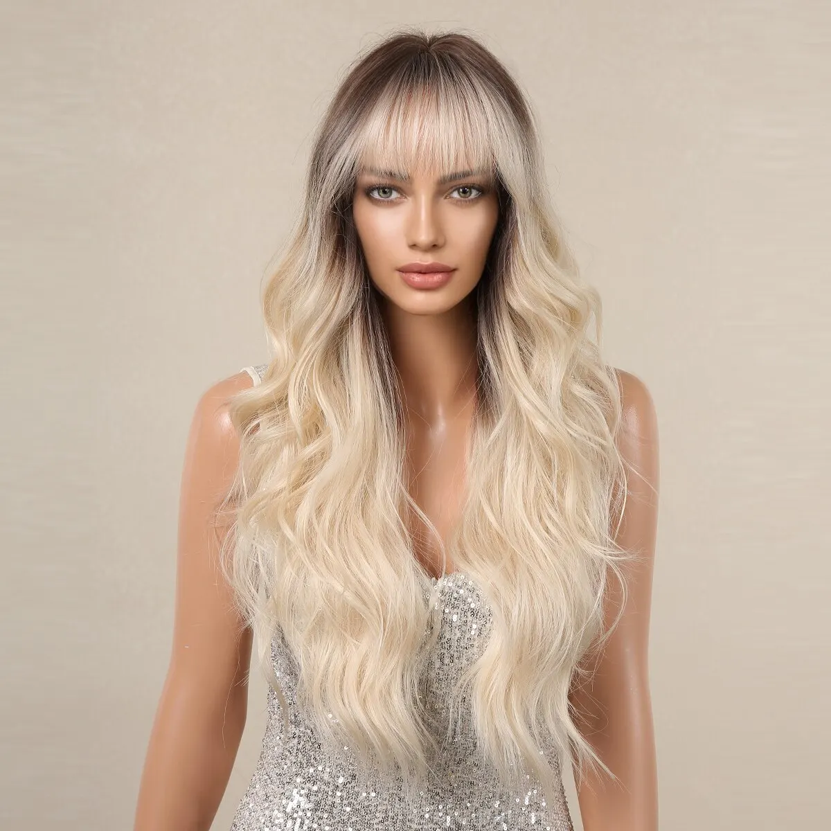 Perruque synthétique longue ondulée avec frange pour femme, cheveux bruns ombrés et blonds, perruques cosplay, degré de chaleur, utilisation 03