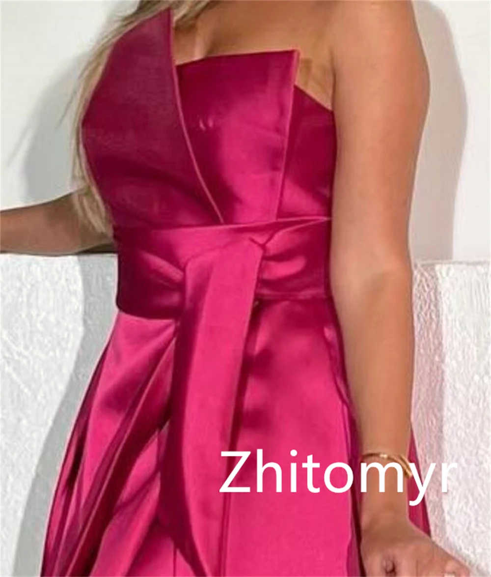 Personalizado elegante simples sem alças a linha vestidos de cocktail saias varredura/escova cetim noite vestidos de noite de luxo para mulher 2