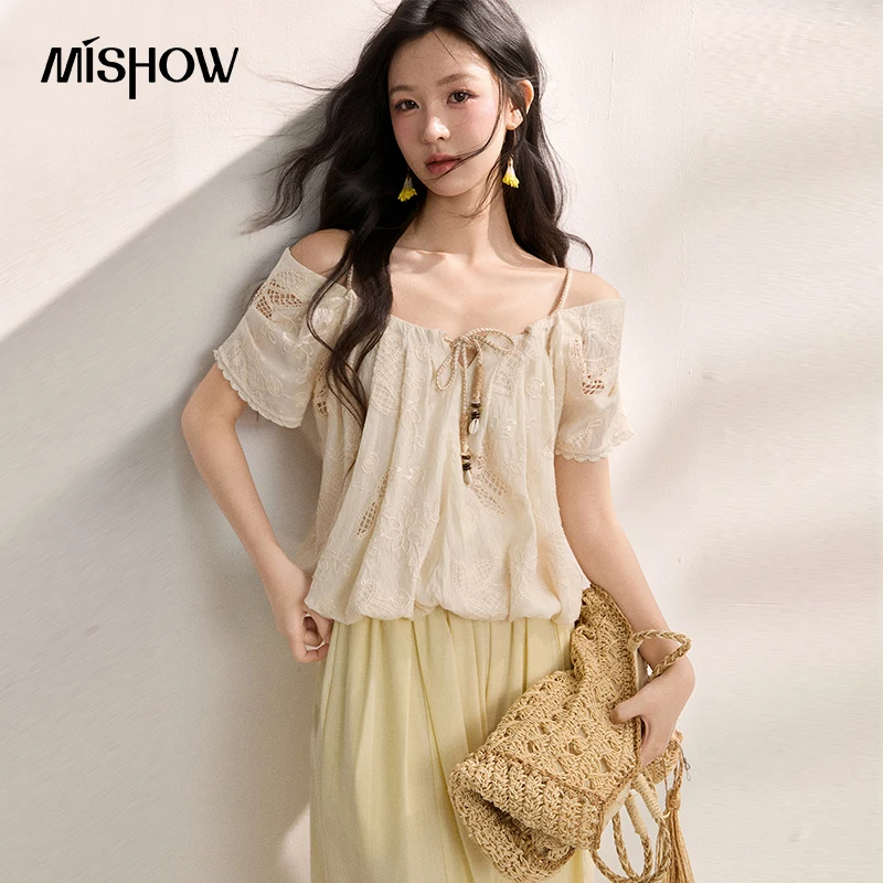 

MISHOW 2026 Summer Apricot 3D Embroidery Off Shoulder Blouse Women Vacation Top with Ruffle Hem Casual Lace Shirt MXF22X2600