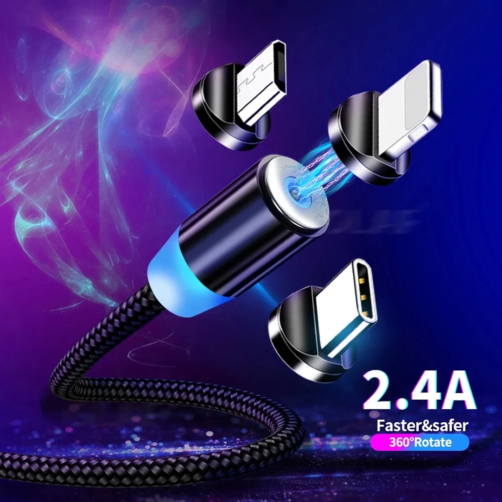 2.4A LED Magnetic USB Cable Fast Charging Type C Cable Magnet Charger Data Charge Micro USB Cable Mobile Phone Cable USB Cord