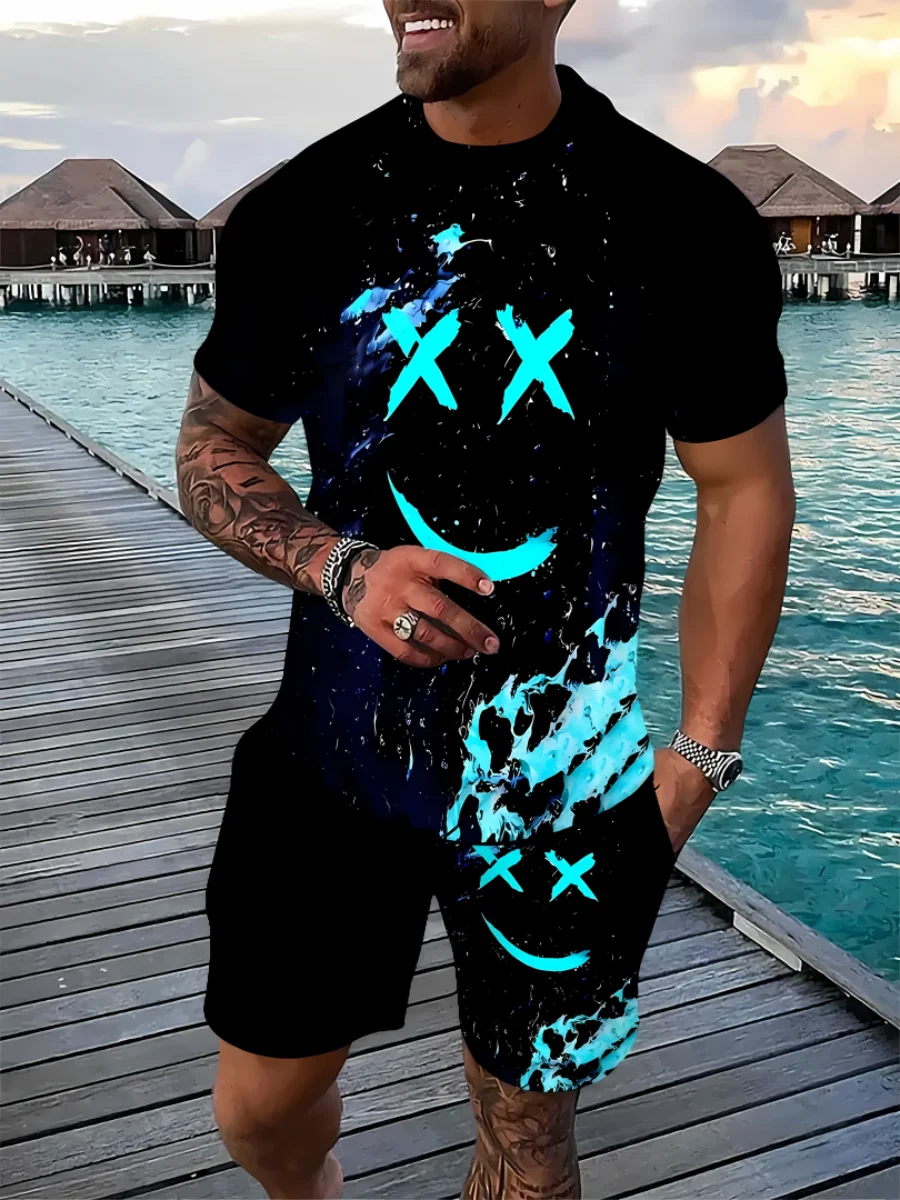 

New Funny 3D Smiley Printing Men's Short Sleeve Sets Casual O-neck T-Shirts +Shorts 2 Piece Summer Fashion Loose Clothing Outfit