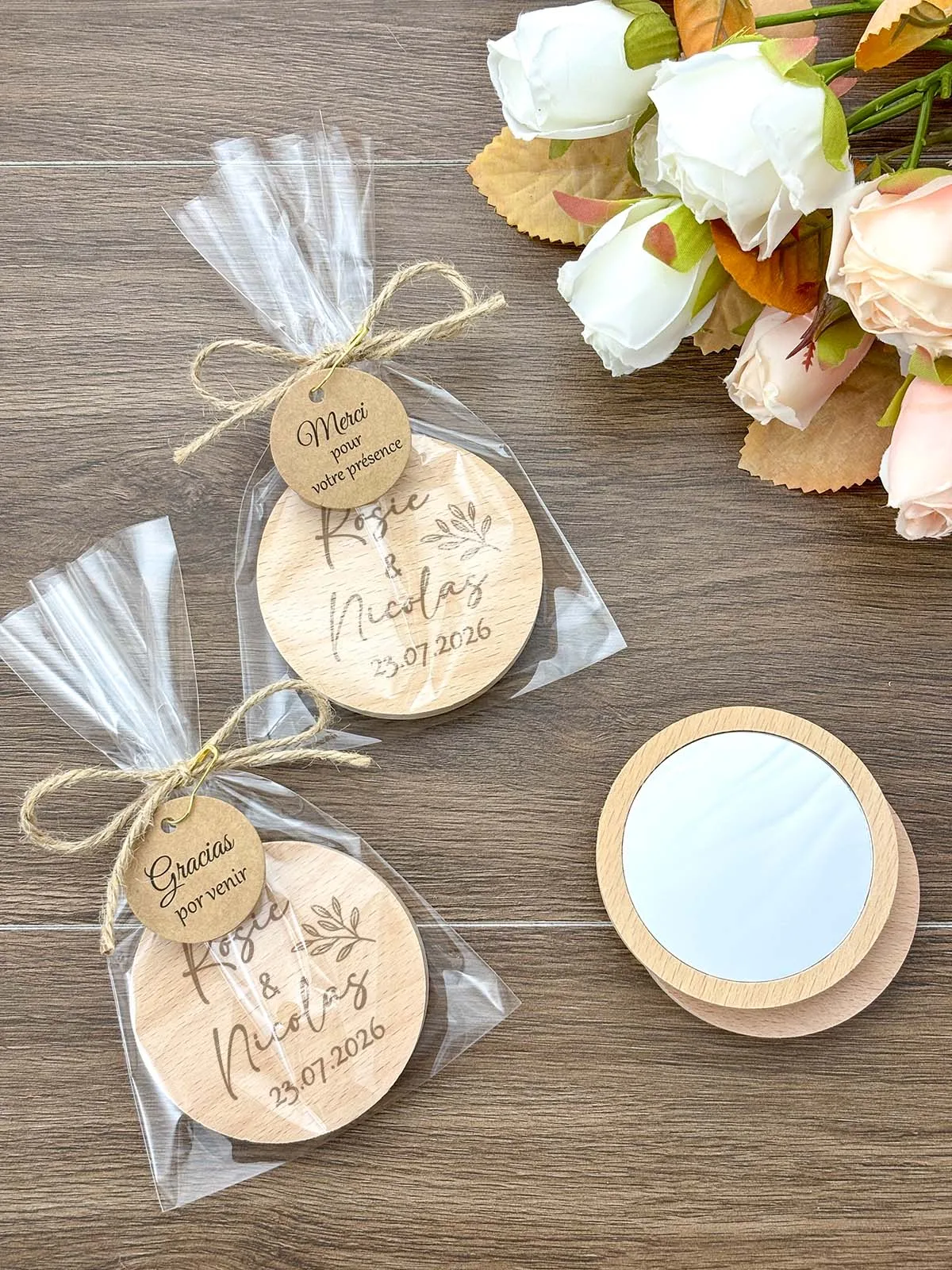 Hochzeits-Souvenirs, Partygeschenke, personalisierte Taschenspiegel aus Holz, Hochzeitsgeschenke für Gäste, individuelle kleine Make-up-Spiegel