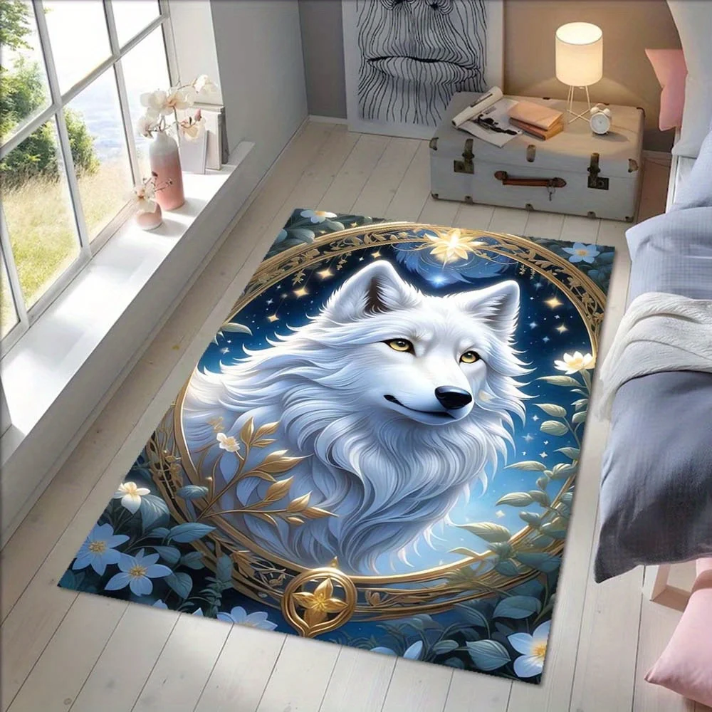 

Majestic Wolf Design Area Rug - Versatile Use for Office, Garden, Indoor, Polyester, Machine Washable, Non-Patchwork Large