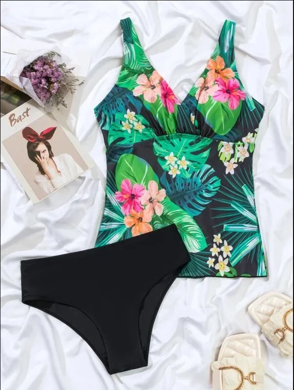 Swimsuit Women 2023 Sexy Flower Print V-neck Bikini 2 Piece High Waist Tankini Conservative Swimsuit Beach Bathing Suit 2025