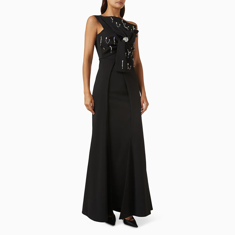 Sukienki wieczorowe na jedno ramię, czarne, bez rękawów, na specjalne okazje, suknie balowe, zdobione koralikami i kryształami, długość do kostek.