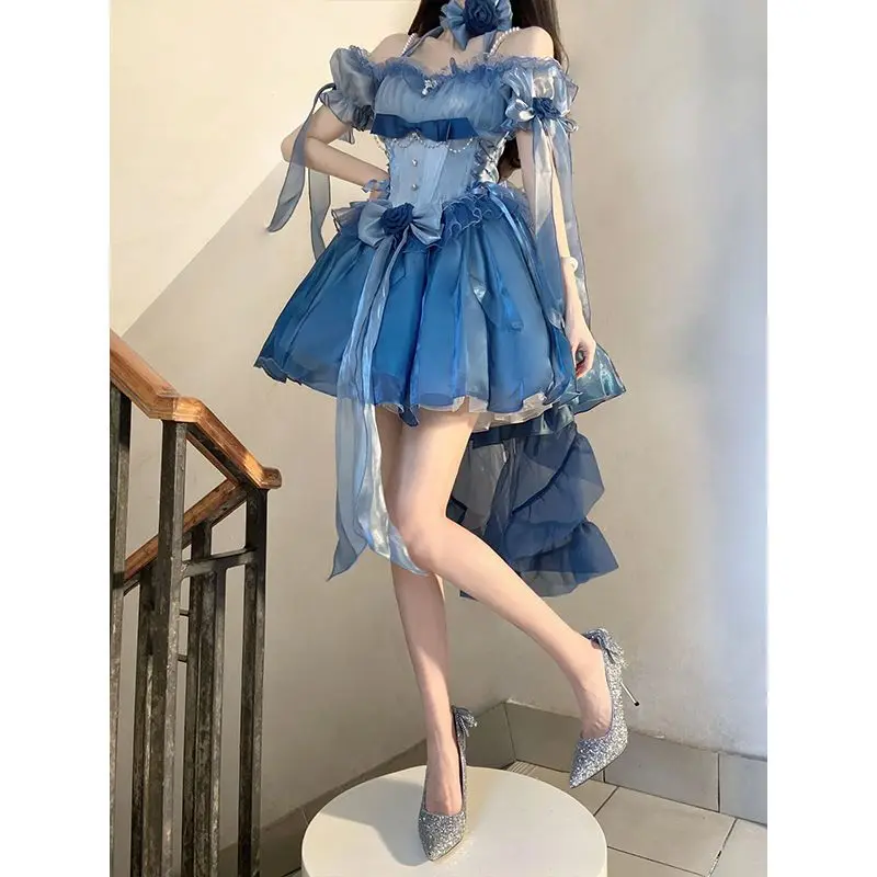 Blue Flower Wedding Lolita Dress Light Lo on the Run Elegant Big Lady Beautiful Puff Short Skirt