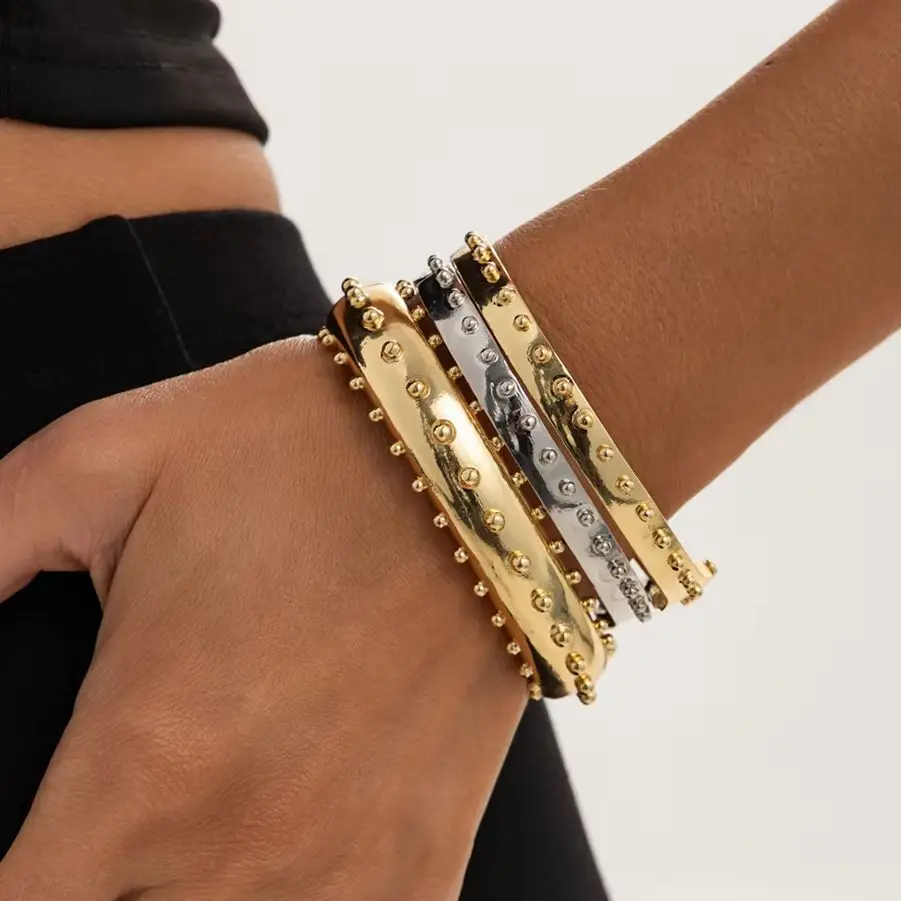 KunJoe 3Pcs/set Retro Color Block Rivet Elastic Open Bangles Women Simple Metal Particles Round Spring Bracelets Trendy Jewelry
