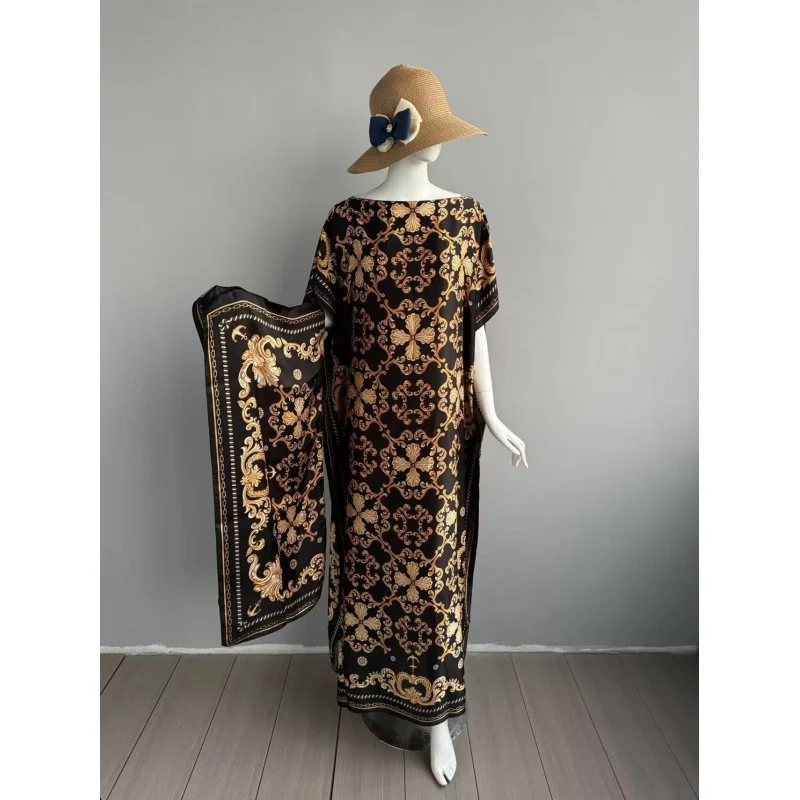 

Новые летние модные африканские платья для женщин, элегантное шелковое мусульманское женское платье с принтом, длинный хиджаб, кафтан, платье большого размера, Кувейт Абая 2025