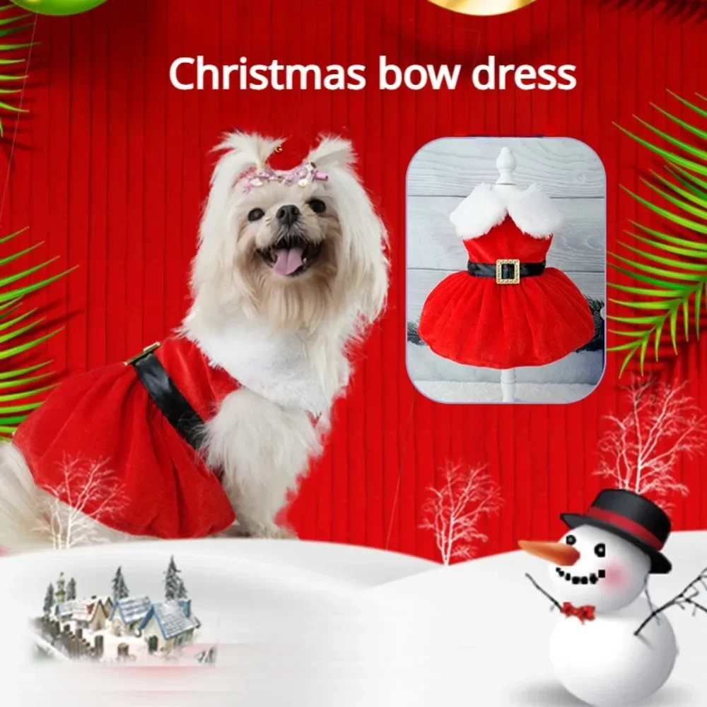 Ropa navideña para mascotas, vestido rojo para perros y gatos, vestido cálido con lazo, tela de terciopelo dorado, ropa de Papá Noel, ropa para perros y gatos, suministros para mascotas