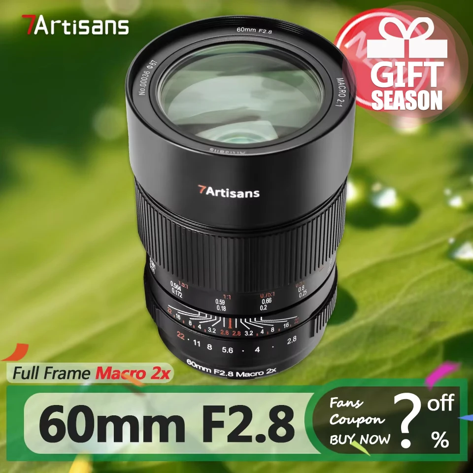 7artisans Full Frame 60mm F2.8 Macro 2X Camera Lens with 2:1 Magnification for Insect Photography Sony E A7RIII Nikon Z Canon RF