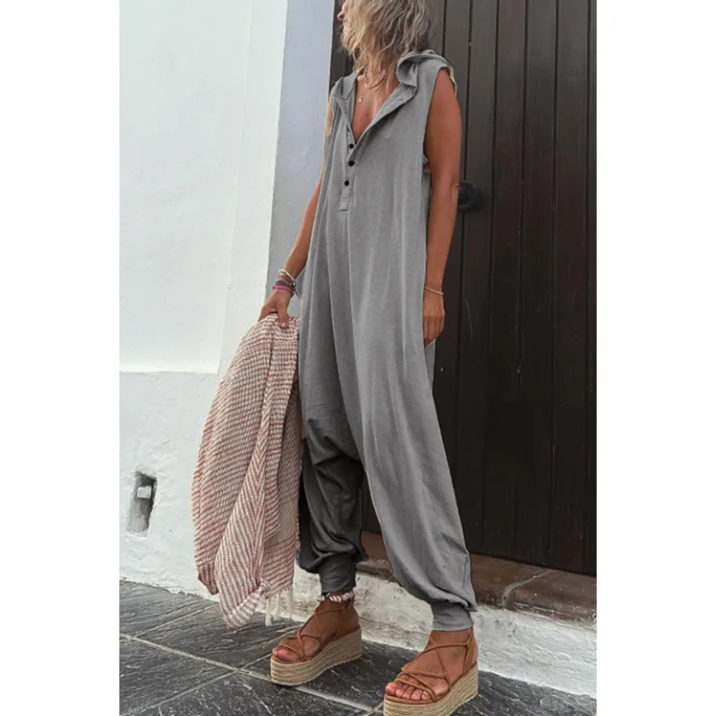 Frauen Knopf Kapuze ärmellosen Overall Sommer solide Overalls weibliche einteilige Hose lange Jogger hose y2k Streetwear