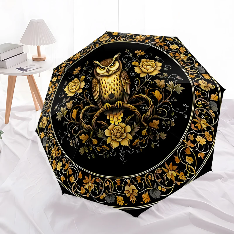 Owl Theme Design Folding Umbrella - Fashionable Auto-Open Design 8 Iron Ribs Plastic Handle Foldable Sunshade，Perfect Gifts