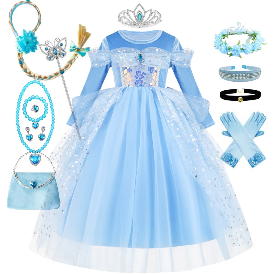 

Girl Cinderella Dress Long Sleeve Princess Cosplay Costume Blue Sequin Children Bithday Surprise Kids Ball Gown