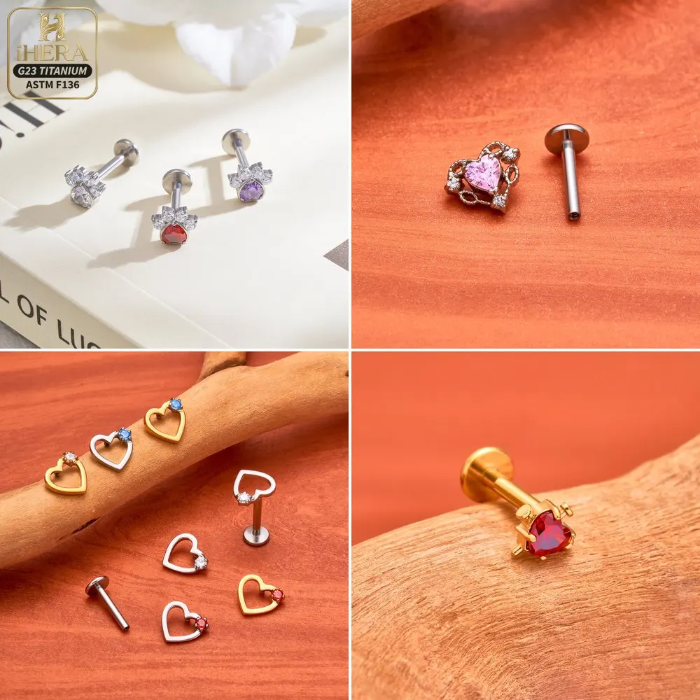 ASTM F136 Titanium Heart Shape Sparkly CZ Inlaid Lip Ring Nose Labret Stud  Ear Cartilage Piercing Jewelry Bulk Earrings view 4