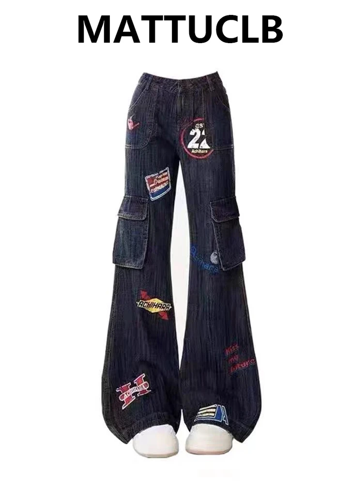 Women's Cargo Jean Designer Y2k Print Grunge Kpop Japanese 2000s Streetwear American Retro Denim Pants Y2k Harajuku Jean Tide