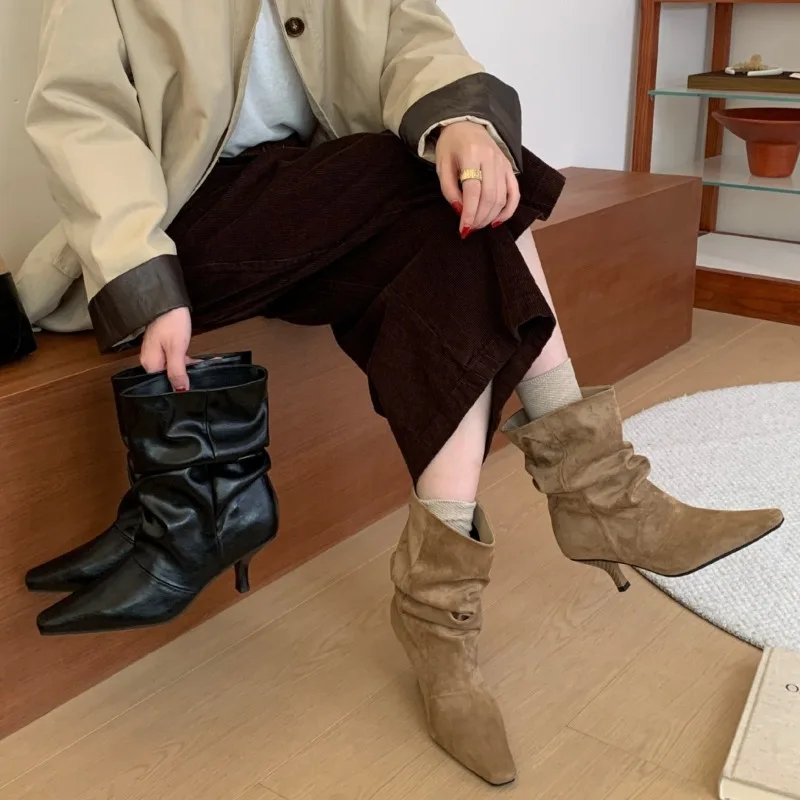 Women Square Toe Stiletto Heel Mid‑Calf Boots Ruched Slip‑On Soft Leather Boots Vintage Elegant Ladies Autumn Winter Dress Boots
