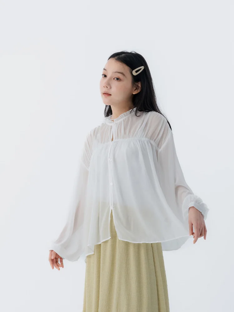 

Женская блузка Queenshop: новая коллекция Весна-Лето, с длинным рукавом, воротником-стойкой, прозрачным кружевом, дышащая, с цветочным декором, на пуговицах