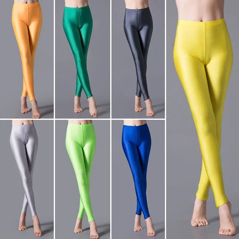 Leggings femininas brilhantes e elásticas altas, jeggings casuais, calças fitness, calças de dança, cor doce, nova moda