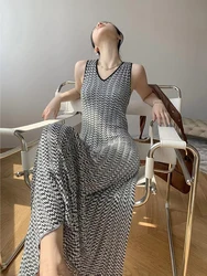 2024 Summer Vintage Knitted Sweater Dress Elegant Office Lady Casual Chic Dresses For Women Korean Fashion Sleeveless Midi Dress